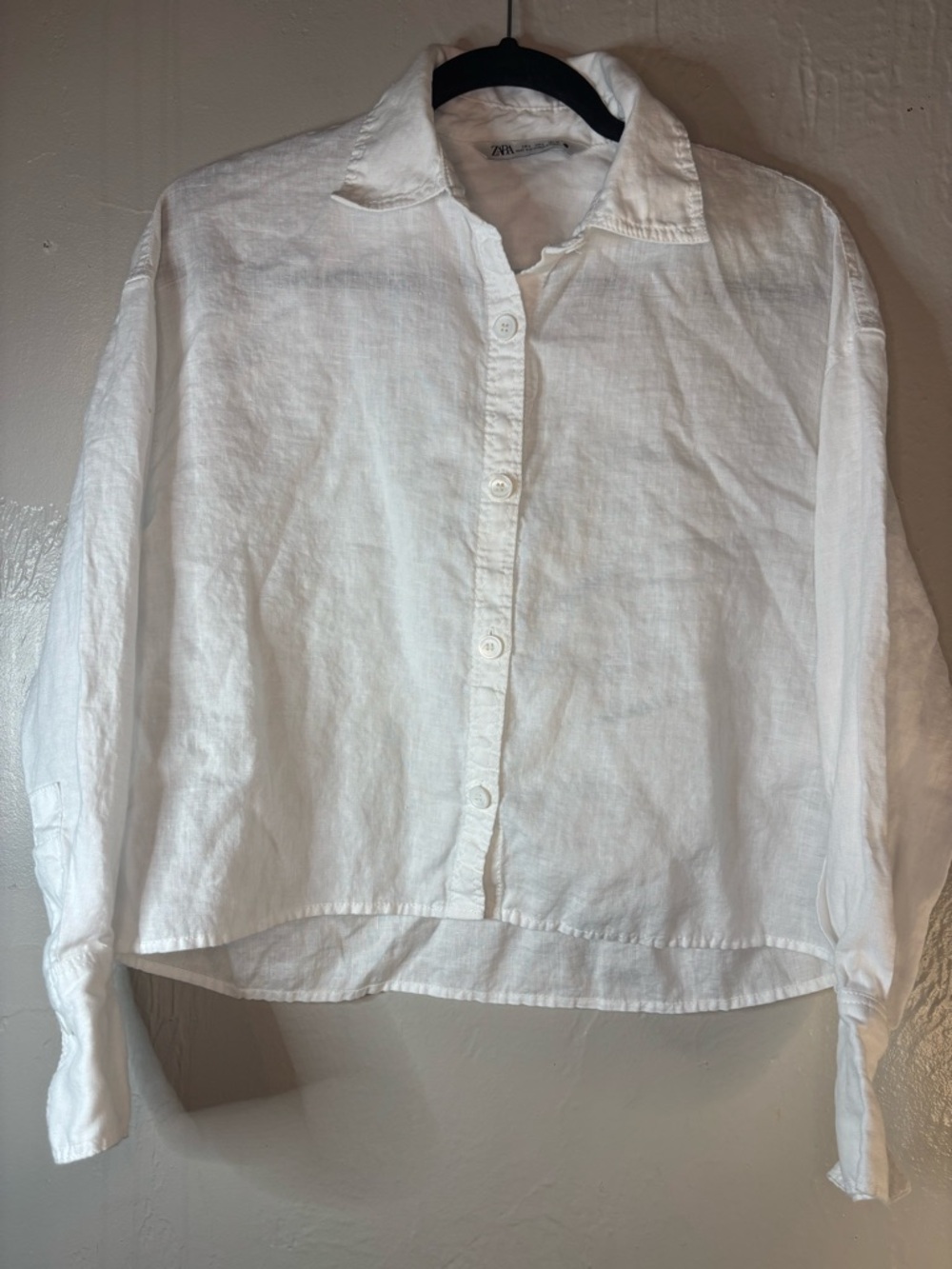 Zara White Linen Cropped Button-Down Shirt Size Small